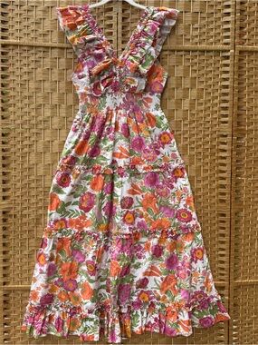 Love The Label Azalea Midi Dress Jolie Print Smocked Ruffles Women’s Large